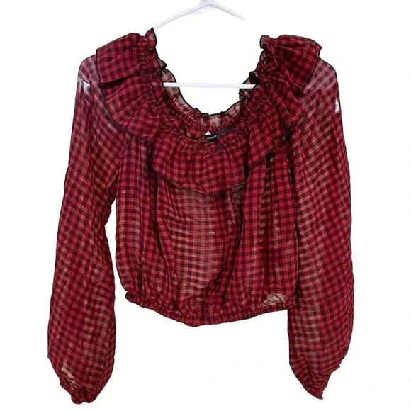Olivaceous Plaid Ruffled Lantern Sleeve Off Shoulder Sheer Blouse NWT - Picture 1 of 4